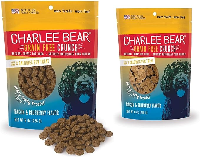Charlee Bear Crunchy Dog Training Treats, Low Calorie (3 Kcal), Grain Free Natural Mini Dog Treats for Puppies, Small, Medium & Large Dogs, USA Made, Healthy Bacon-Blueberry Flavor 8oz (2-Pack)