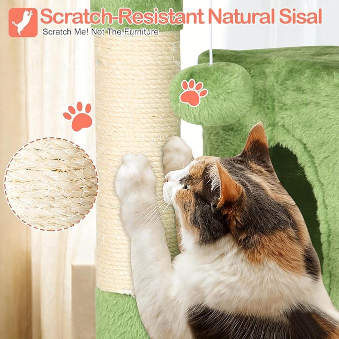 54in Cat Tree Cat Climbing Tower with Scratching Post, Cats House Perch Kitten Tree Condo Wood Playhouse, Pet Trees Tower for Indoor Cats, Green