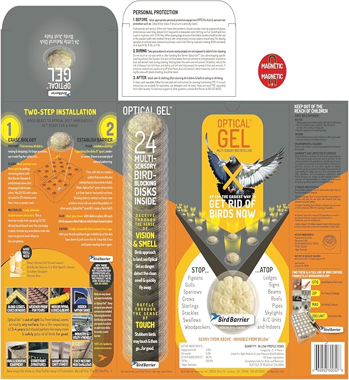 Bird Barrier Optical Gel Bird Deterrent – 200 Pack All-Natural Bird Gel – Deters Most Species Including Pigeons, Woodpeckers, Gulls, Crows, Starlings – Ideal for Ledges, Balconies, Signs, Equipment