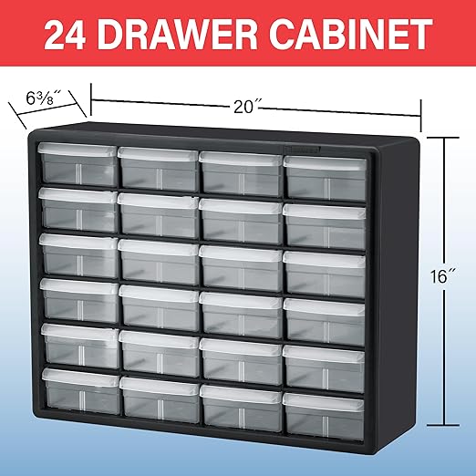 Akro-Mils 24-Drawer Plastic Drawer Storage Cabinet for Garage Organization, Bead Organizer, Building Bricks Storage, Teacher Toolbox, Makeup Organizer, 20" W x 6" D x 16" H, 10124 Red