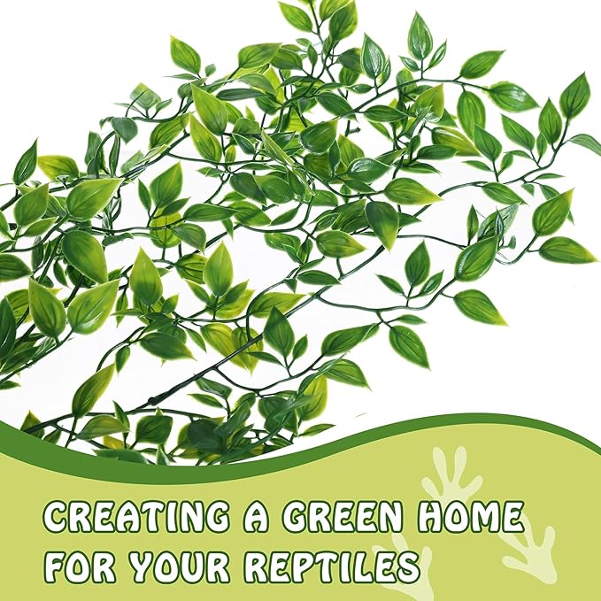 HERCOCCI Reptile Plants, 2 Pack Terrarium Hanging Plants Vines Artificial Leaves Habitat Decorations with Suction Cup for Bearded Dragon Hermit Crab Lizard Snake Geckos Chameleon
