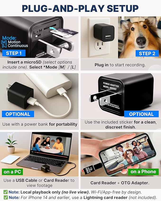 DIVINEEAGLE 1080p Dome Cam, Motion Detection, microSD Slot, Easy Setup, App-Free, No Live View-Data Protected, Video-Only - Plug-in Premium Reliable Pet Camera for Pet Nanny Use