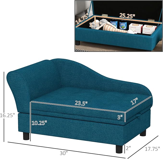 Pet Sofa, Dog Couch, Elevated Pet Bed for Small and Medium Dogs, with Hidden Storage, Soft Tufted Cushion, Dark Blue