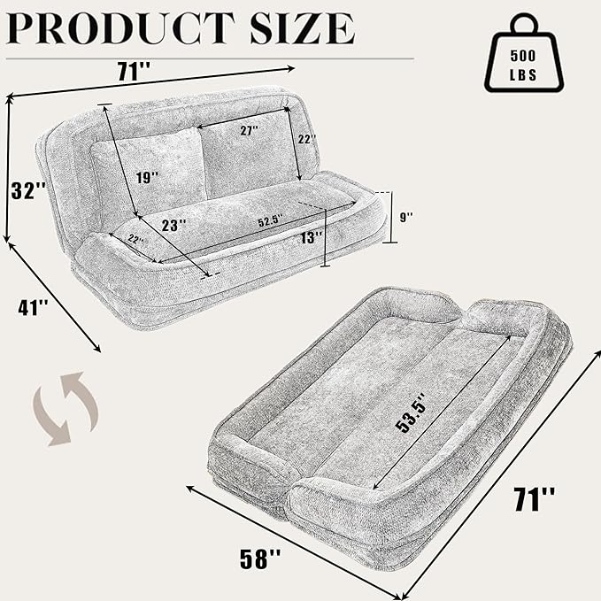 Double Human Dog Bed for Adult and Kids, Comfy Foldable Lazy Floor Loveseat Sofa Bed with 5 Adjustable Position, Upholstered Floor Bean Bag Lounger Chair for Bedroom, Living Room,Office (Beige)