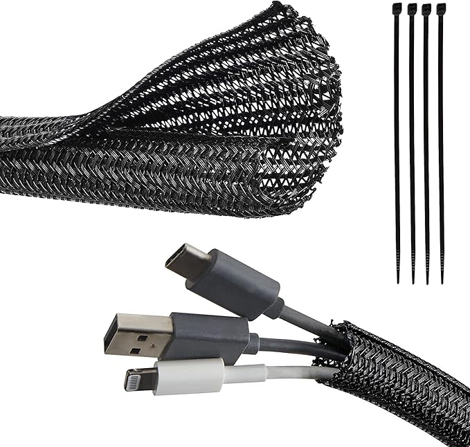 RED WOLF Cable Sleeves Cord Management Braided Wire Loom Split Sleeving 3/8 Inch x 10 FT Protector Wiring Cable Cover Flexible Self-Wrap for Automotive Home Office Anti-Scratch High-Temperature Black
