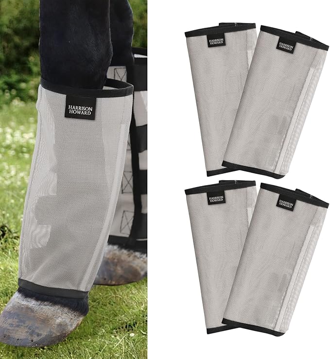 Harrison Howard Loose Fitting Fly Boots UV-Protective Extra Tough Mesh Ventilated Four Fasteners Stay-on Design Protect Horse Legs & Stomp-Reducing Set of 4 Silver Grey Medium