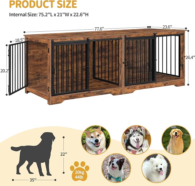 78" Dog Crate Furniture for 2 Dogs, Double Dog Cage with Divider, Wooden Heavy Duty Dogs Kennel, Pet Cage with Barn Door, TV Stand for Large Small Medium Dogs, Rustic Brown DFC83701BV1