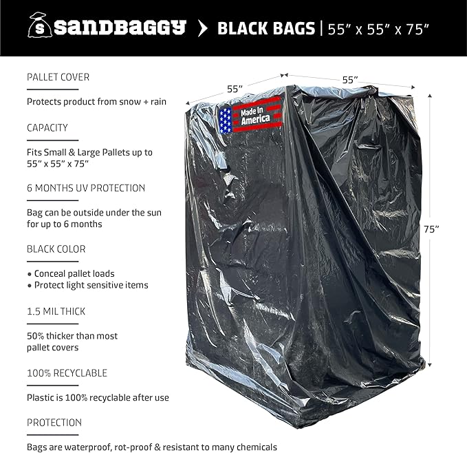 Sandbaggy Black Pallet Covers | Made in USA | Tarp Fits Large Pallets Up to 55" x 55" x 75" | Built w/ 6 Months UV Protection | Heavy Duty 1.5 Mil Thick Plastic (Pack of 10, 1.5 Mil Thick)