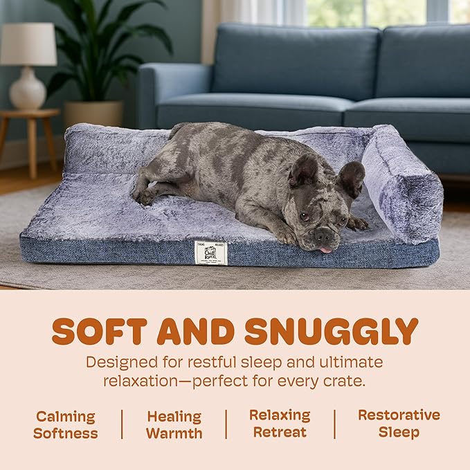 Dog Gone Smart Chill Kuzzi Dual Bolster Crate Pad - Washable Dog Bed Infused with Far Infrared Rays (FIR) - Supportive Plush Cushion for Crates, Travel, and Recovery - Slate Blue, Large 22 x 35 Inches