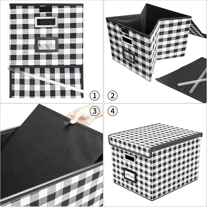 Huolewa Decorative Collapsible File Storage Organizer Boxes with Lids, Hanging Filing & Storage Boxes for Office/Decor/Home, Filing System for File and Folders Storag - (Black & White Lattice)