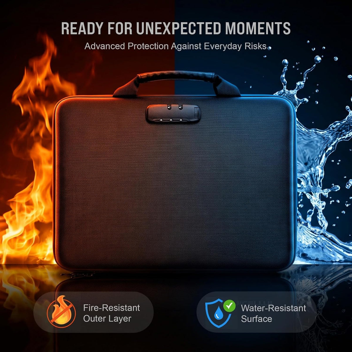 Fireproof Document Bag with Lock & Waterproof File Organizer, Portable Safe Box with 13 Pockets Accordion File Folder, Combination Lock Bag with Handle, Hard-Rubber Briefcase for Home, Office & Travel