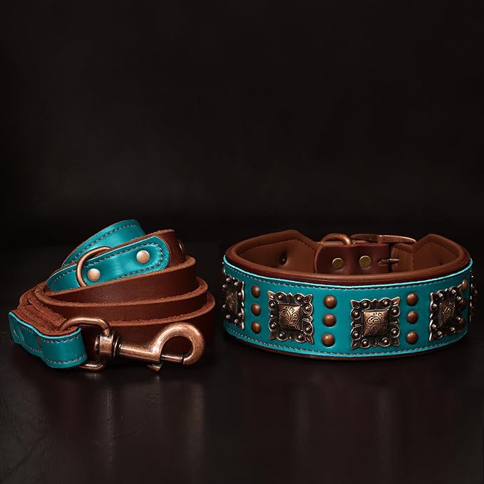 PET ARTIST Upgrade Padded Leather Dog Collar, 2 inch Wide Genuine Leather Dog Collars with Strong Studded Rivet & Metal Buckle, Adjustable Large Dog Collar for Pit Bull Doberman,Green,Neck 19-22"