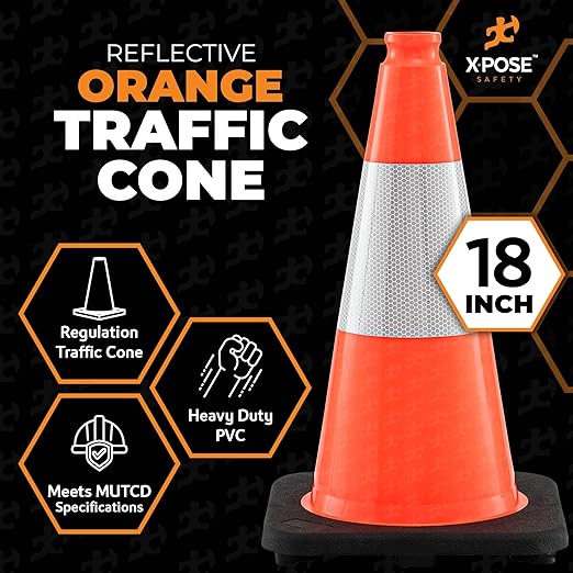 Xpose Safety 18 Inch Orange Traffic Cones with 6" Collar - 12 Pack Multipurpose PVC Plastic Safety Cone for Parking, Soccer, Caution, Kids and Construction - DOT Approved