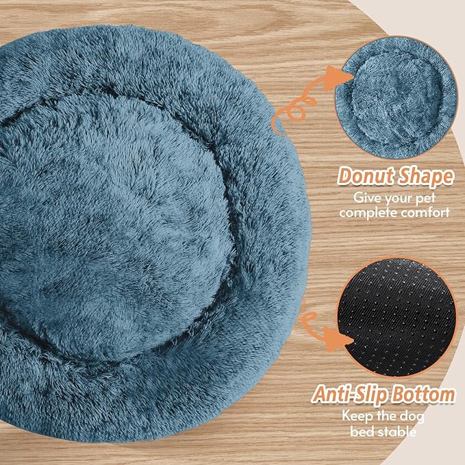 JOLLYVOGUE Calming Dog & Cat Bed for Large Dogs, Anti-Anxiety Donut Cuddler Cozy Soft Round Bed with Anti-Slip Bottom, Fluffy Faux Fur Plush Cushion Beds for Medium Dogs (36")