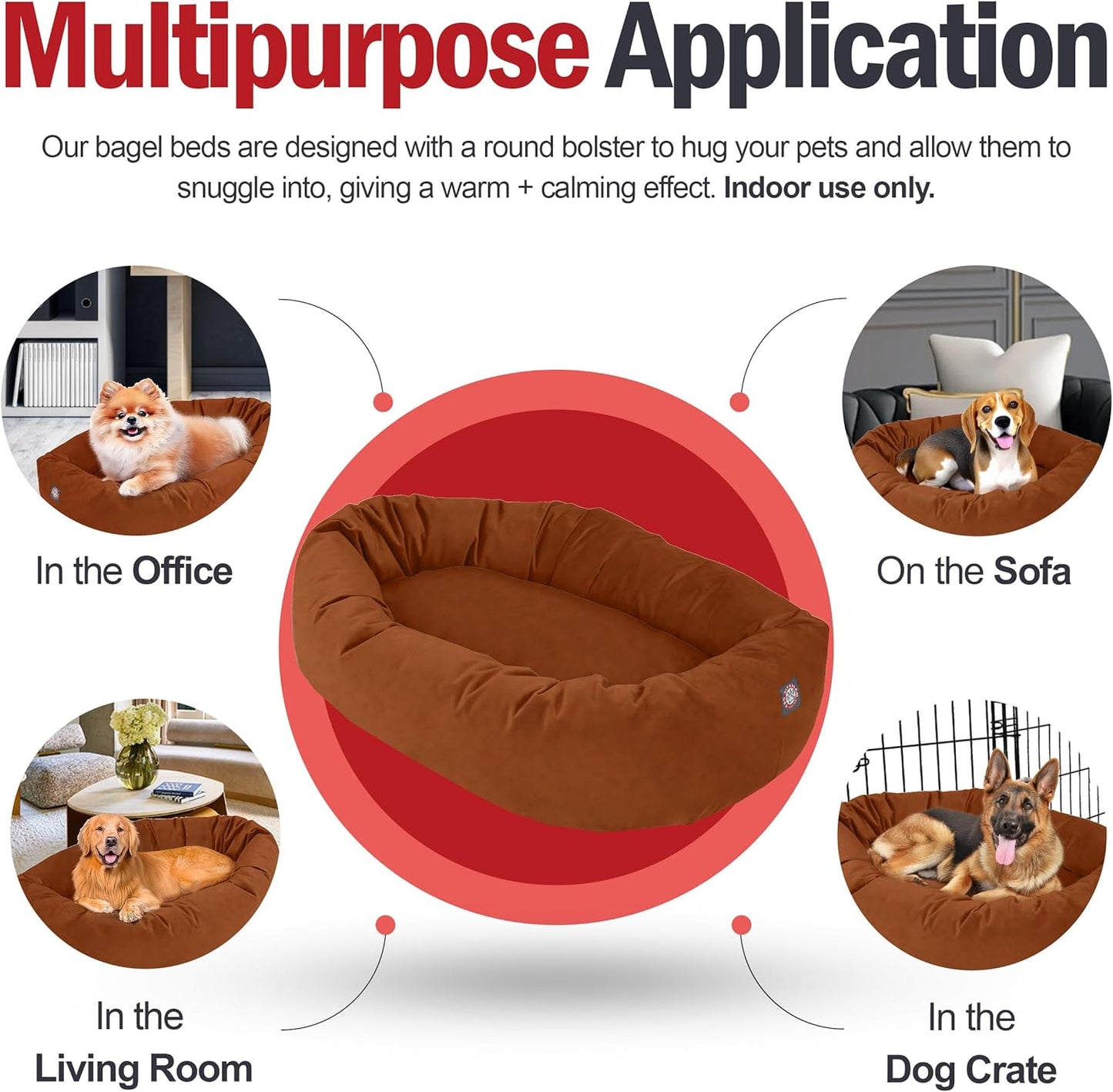 Majestic Pet 40 Inch Suede Shredded Memory Foam Mix Calming Large Dog Bed Washable 40 x 29 x 9 (Inch) - Cozy Soft Round Donut Dog Bed with Spine for Head Support - Pet Bed Rust