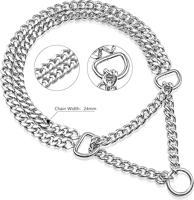Silver Dog Chain Collar, Stainless Steel, Adjustable, Walking, Metal Cuban Link, Chew Proof, Double Row, for Large, Small, Medium Dogs