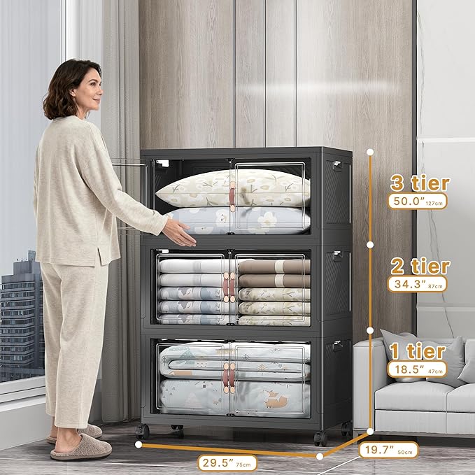 Extra Large Stackable Storage Bins with Lids & Wheels & Door, 480QT-160QT/40GAL*3Pack Foldable Collapsible Closet Organizers, Plastic containers drawers for bedroom Dorm