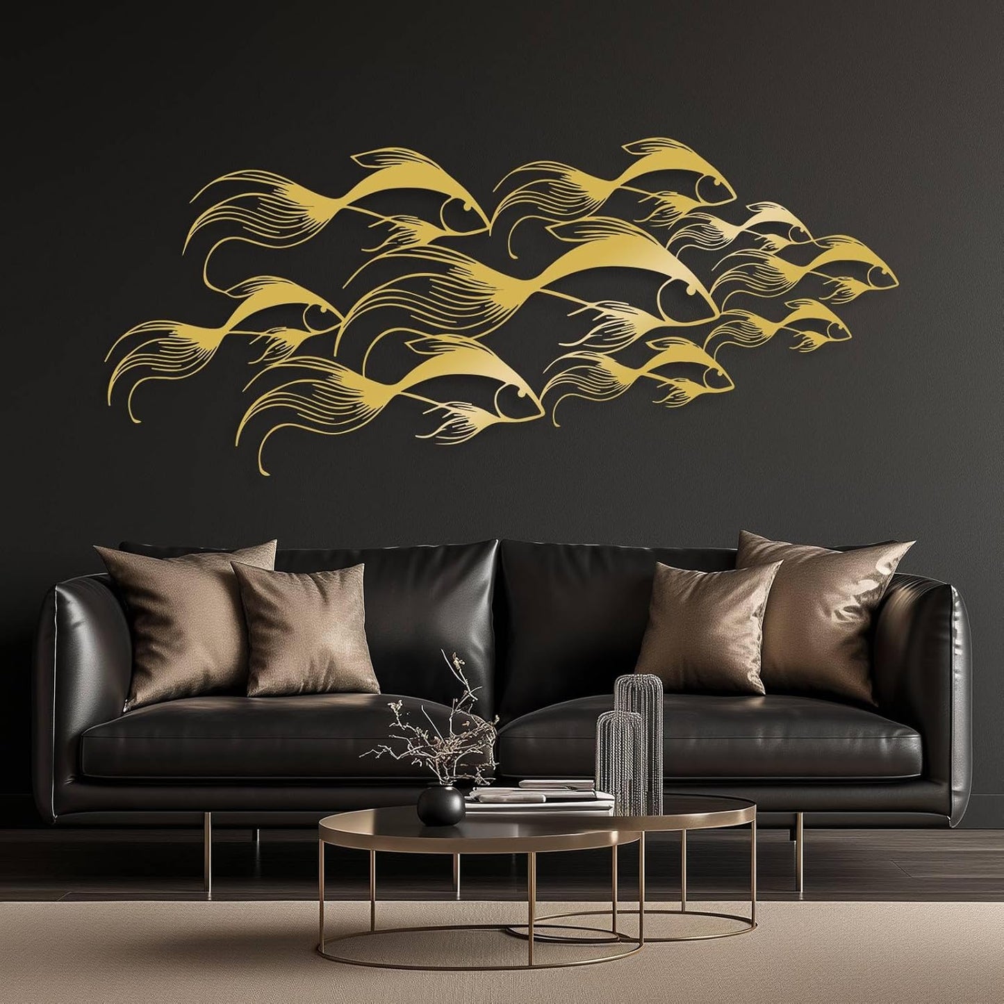 School of Fish Metal Wall Art, Metal Fish Wall Decor, Sea Life Wall Art, Large Nautical Wall Hanging, Modern Beach House Wall Decor, Ocean Themed Artwork for Bathroom (Gold, 48"x20" | 121x51cm)