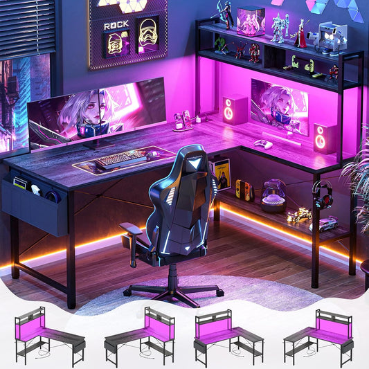 Aheaplus 59" L Shaped Desk Gaming Desk with LED Light & Power Outlet