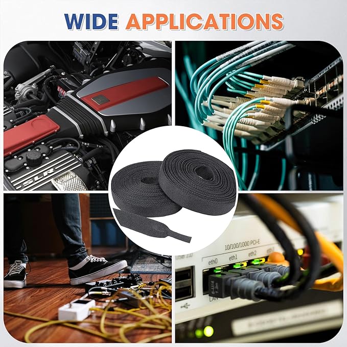 2:1 Heat shrinkable Braided Sleeving Fabric Wire Loom High Temp Heat Shrink Wiring Harness Abrasion Protector Cable Sleeve(1/2"-34ft)