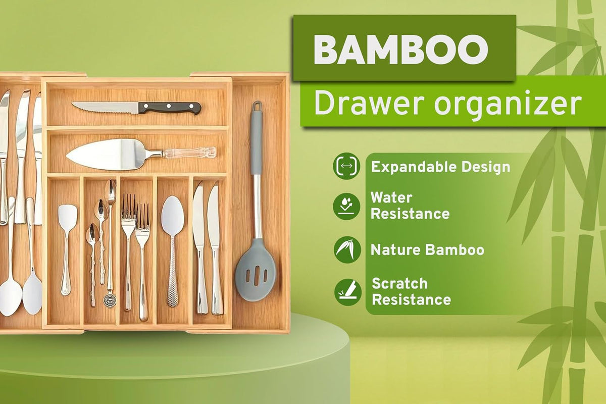 Nature Gear Bamboo Kitchen Drawer Organizer, Expandable Wood Utensil Tray, Adjustable Silverware Organizer with 9 Compartments for Fork, Spoon & Knife Utensils