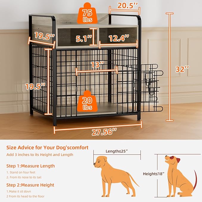Small Dog Crate Furniture with Drawers Storage, Puppy Dog Kennel Indoor with Double Doors, Heavy Duty Wooden Dog Cage Table, Sturdy Metal, Gray