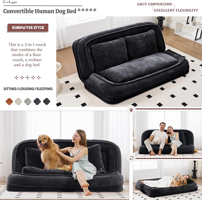 Extra Large Human Dog Bed for Adult & Pets, Convertible Floor Sofa Bed with 5 Adjustable Position, Lazy Couch Giant Bean Bag Lounge Chair Comfy Tatami with 3 Pillows for Bedroom Living Room (Black)