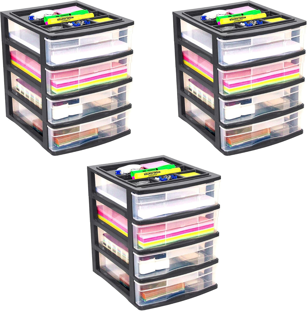 Gracious Living 4-Drawer Desktop Organizer with Tray Top, Black, 3-Pack