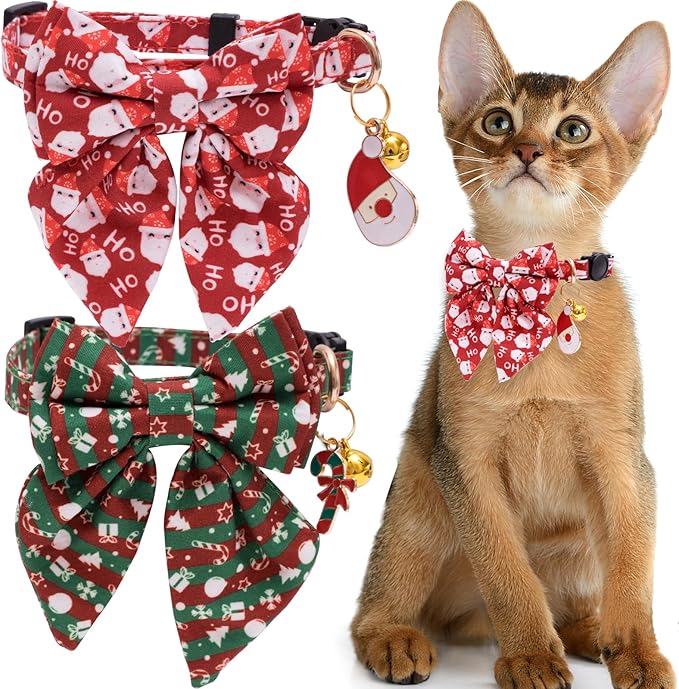 Faygarsle 2 Pack Christmas Cat Collar Cute Holiday Cat Collar with Bow tie Breakaway Red Green Winter Collar for Boy and Girl Cats Female Male Cat Christmas Collar