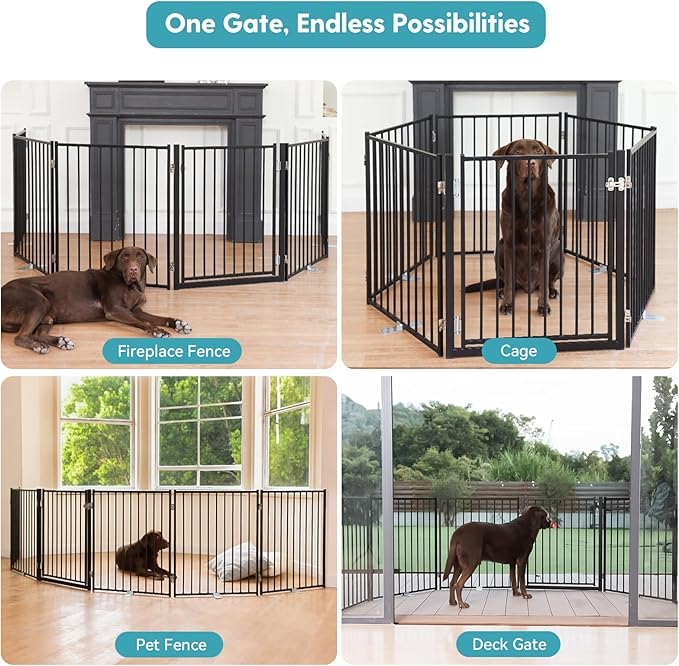 No Pawblems Free Standing Dog Gate with Door, 30'' Tall Foldable Dog Fence for Indoor & Outdoor, Up to 156 Inch Extra Wide Puppy Gate for Stairs, Hallways, Doorways, Deck, Yard (Black, 6 Panels)