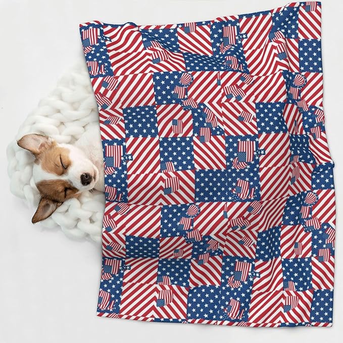 Reversible Pet Blanket for Easy Cleaning Maintenance, American Flag Plaid Pattern, Double Sided Plush Dot Design Means Double Use Between Washes for Convenience