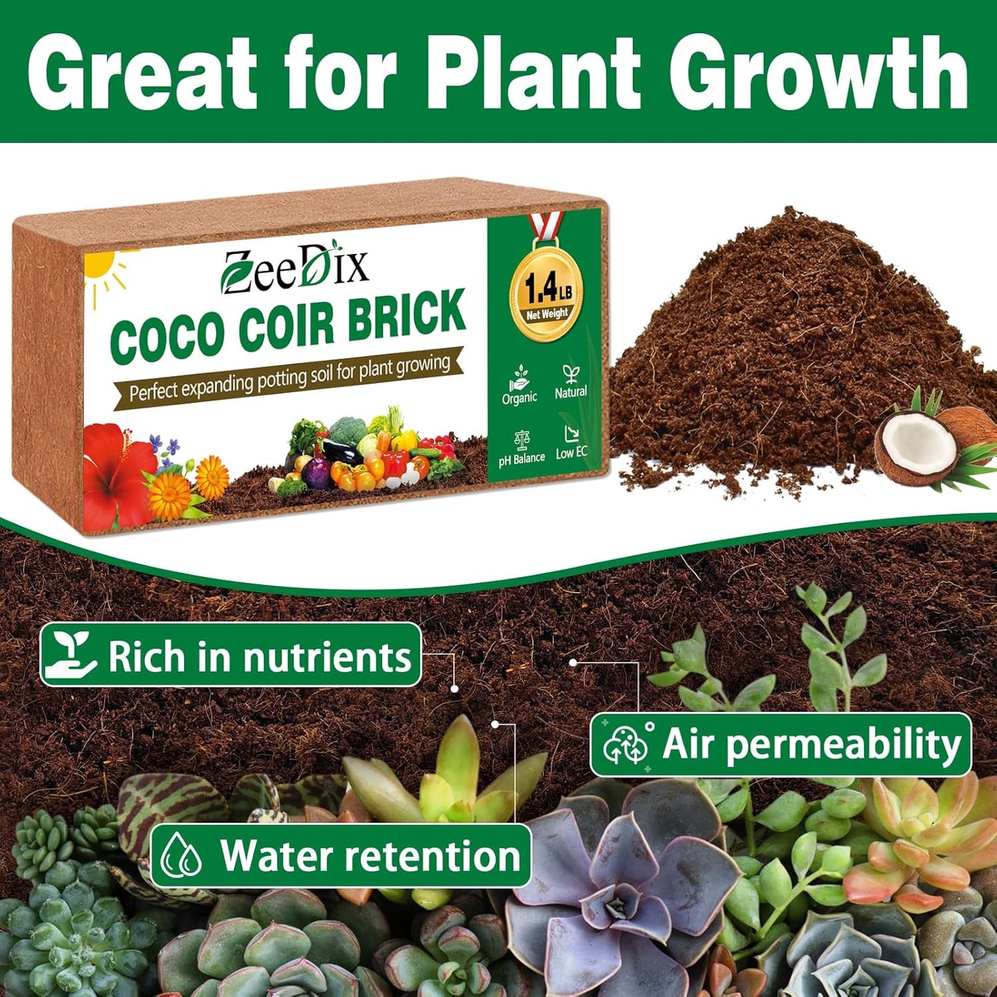 ZeeDix 2 Pcs Coco Coir Brick- 100% Organic Coconut Coir for Garden Soil & Potting Mix, Low EC and pH Balance, Compressed Coconut Husk Fiber for Seed Starter Soil for Indoor Outdoor Plants