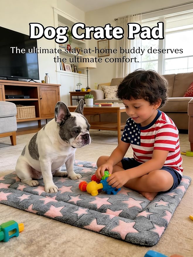 Dog Bed Mat - Reversible Dog Crate Bed Mats, Soft & Breathable Kennel Pad, Durable Crate Bed for Small Dogs & Cats (Pink&Gray Stars, S(24"*16"*1.2"))