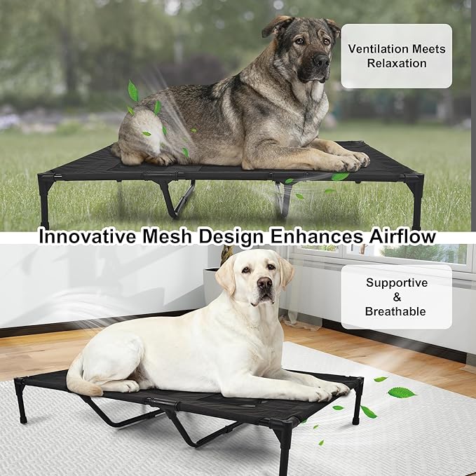 Raised Dog Bed Cooling Cot for Indoor Outdoor Use Portable Waterproof Mesh Pet Bed Washable for Large Medium Small Dogs, Black