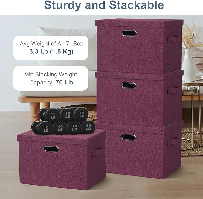 Large 17" 36 Quart Collapsible Stackable Storage Bins with Lids, 3 Packs Purple Linen Fabric Closet Boxes with Lids, Storage Cube Baskets Container Organizers for Bedroom Office (17x12x11)