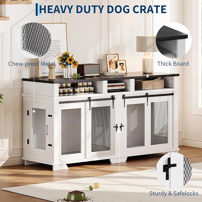 71'' Dog Crate Furniture for 2 Dogs, Extra Large Double Dog Kennel Indoor with Removable Divider and Storage Drawers, Wooden Dog Crate TV Stand for Large Medium Dogs