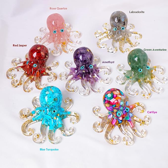 Octopus Decor Aquarium Amethyst Gravel Decorative Resin Glass with Natural Crystal Stone Marine Animals Fish Tank Ornaments Statue Healing Home Decor Ladies Gift 3.93"