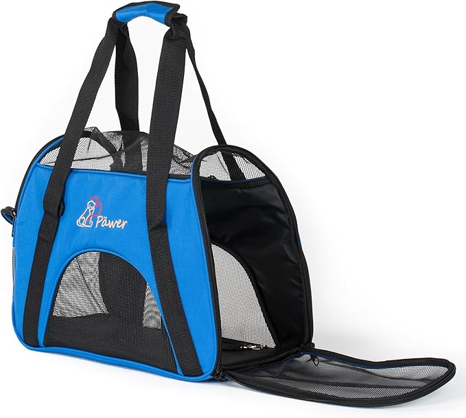 Pawer Soft-Sided Pet Carrier for Cat and Small Dog,Blue Color,Medium Size,Washable 600D Oxford Cloth Airline Approved Travel Tote,with 2 Mesh Opens and a Strap for Carry,Multiple Colors Available
