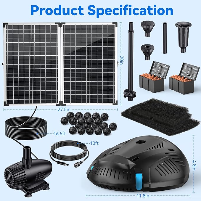 POPOSOAP Pond Filter with 55W Solar Fountain Pump, Solar Pond Filter with