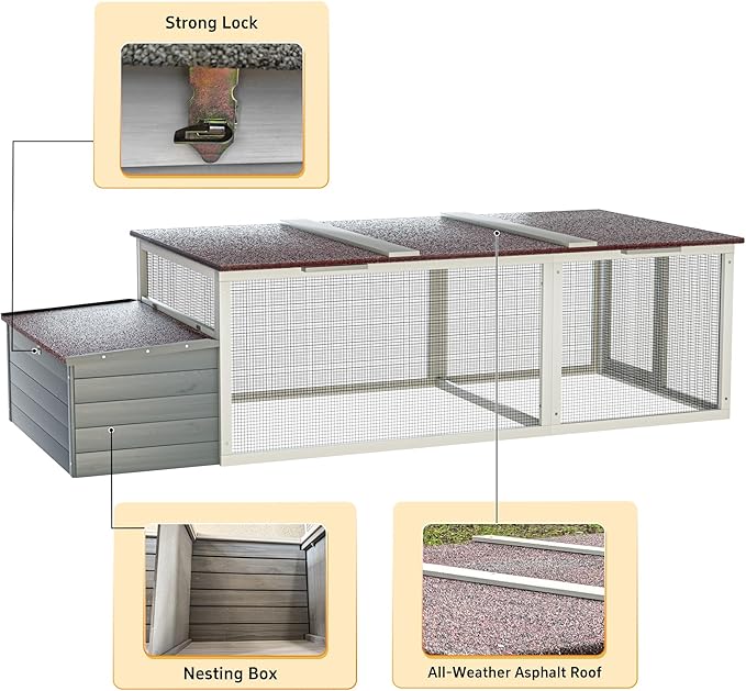 20.93ft² Large Wooden Chicken Coop with Run and Nesting Box – Outdoor Hen House with Weatherproof Asphalt Roof, Secure Wire Enclosure & Easy-Clean Design for 3–4 Chickens Gray