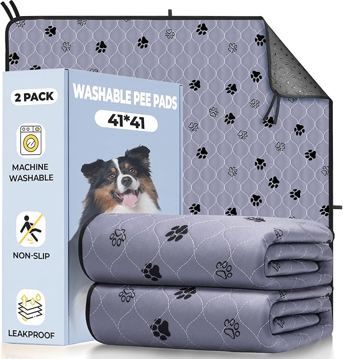 Fostanfly Washable Dog Pee Pads for Dogs, 2-Pack 41"x41" Large Reusable Potty Training Pads, Ultra-Absorbent, Leak-Proof & Non-Slip, with 8 Lanyards for Playpen, Crates & Furniture, Gray
