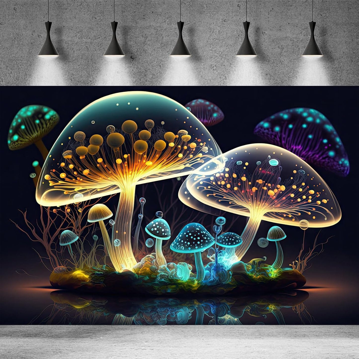 Mushroom Aquarium Background Abstract Glowing Fantasy Mushrooms Terrarium Background Mysterious Forest Magical Night In Circle Shape Crystal Glass Fish Tank Backdrop Decorations Vinyl 48x18in