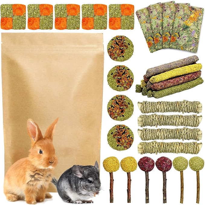 Fhiny Rabbit Chew Toys, 33 PCS Natural Guinea Pig Chew Toys for Teeth Handmade Small Animal Timothy Molar Sticks & Cakes Bunny Snacks Hamster Treats for Guinea Pig Bunny Chinchilla Hamster Gerbil