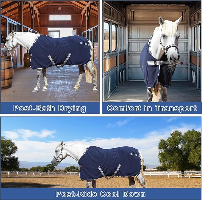 Horse Fleece Cooler, Blanket Liner - 300g Anti-Pilling Fleece, Moisture-Wicking, Cooling & Drying for Post-Workout, Bath & Travel, Prevent Overheating & Chilling Navy 78