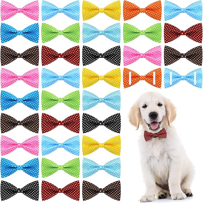 Jutom 40 Pcs Spring Dog Bow Ties Dots Collar Bow Ties Puppy Neckties Bulk Elastic Bands Adjustable Pet Dog Grooming Accessories for Small Medium Large Pet Birthday Wedding Parties