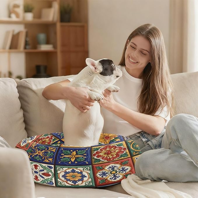 Round Cat Bed Dog Bed,15.7in Mexican Tile Patterns Washable Non-Slip Bottom Soft Pet Bed for Small Medium Dogs and Cats