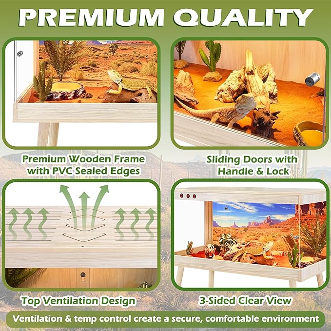 Royxen Tempered Glass Bearded Dragon Tank,65 Gallon Reptile Tank with Leg Stand,Built-in Lighting Reptile Enclosure Scartch-Proof Bearded Dragon Encloure for Chameleon,Snake,Lizard(Oak,40"x 20"x 20")