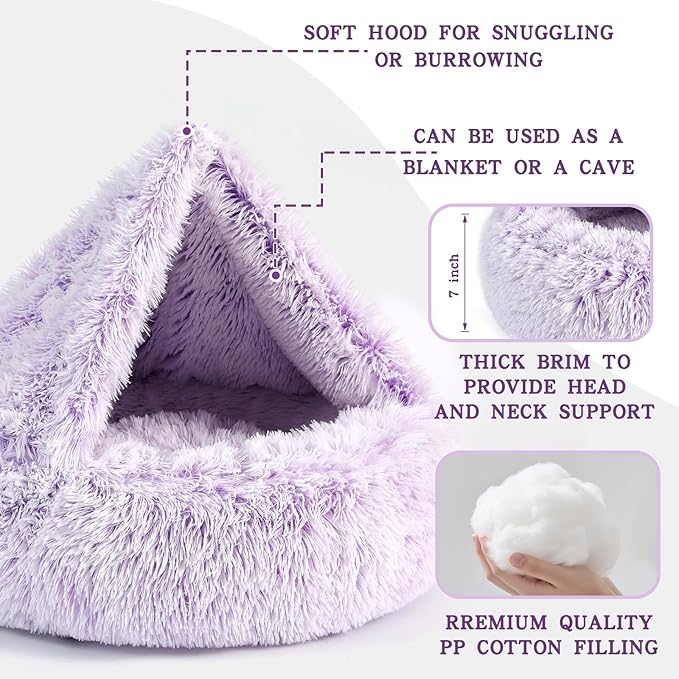 NOYAL Calming Dog Bed for Anxiety, Hooded Donut Cave with Blanket, Plush Fluffy Washable Pet Bed for Small Medium Dogs & Cats