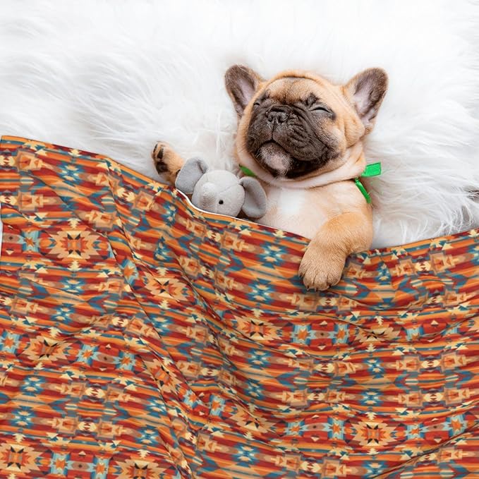 Reversible Plush Pet Blanket for Puppies Kittens, Ethnic Tribal Navajo Indiana Western Southwest, Double Sided Gentle Dot Texture for New Pets Adjusting to Home Environment Softly