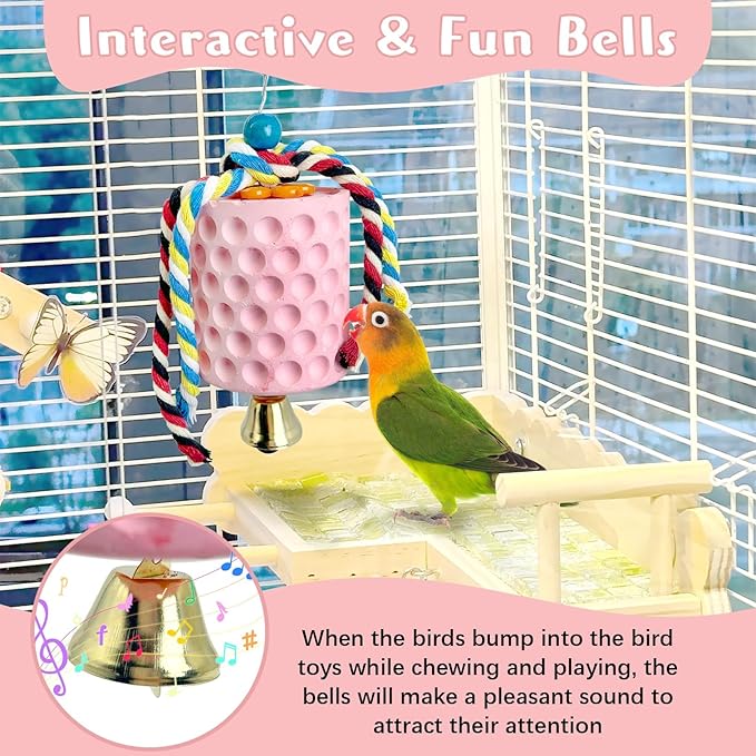 PINVNBY 2 Pack Bird Chew Toys Bird Beak Grinding Stone Lava Calcium Block with Bell Hanging Parrot Chewing Toy Cage Accessories for Parakeets Conures Cockatiels Budgies Lovebirds